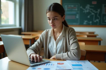 Jeune fille concentrée étudiant des graphiques et papiers d'admission
