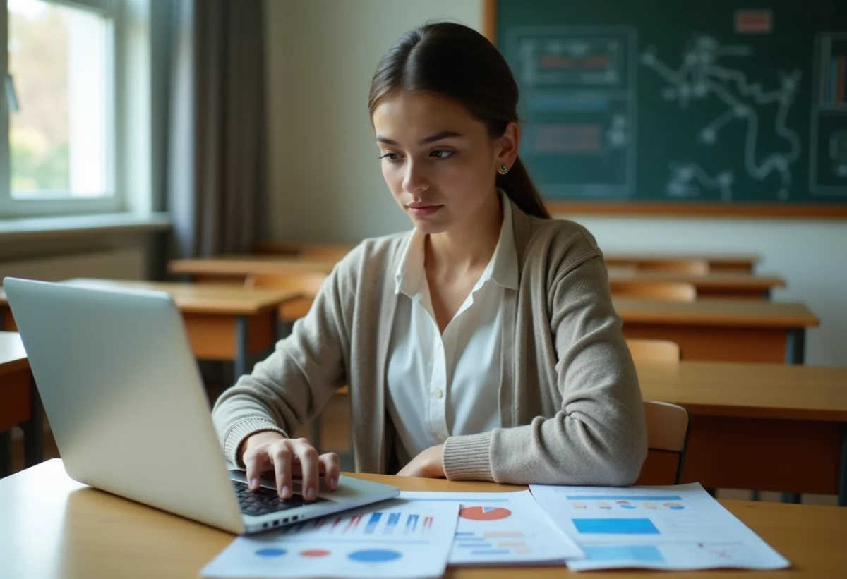 Jeune fille concentrée étudiant des graphiques et papiers d'admission