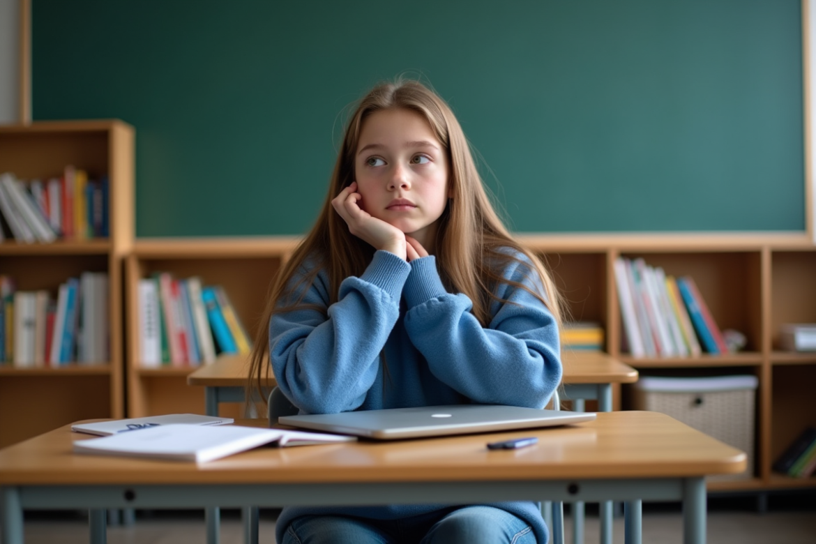 Jeune fille contemplant son ordinateur dans une salle de classe