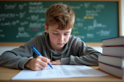 Jeune garçon français concentré sur un tableau de coefficients du bac