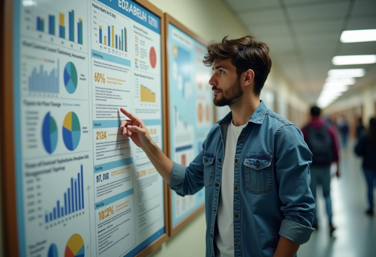 Jeune homme regardant un tableau de statistiques Parcoursup dans le couloir