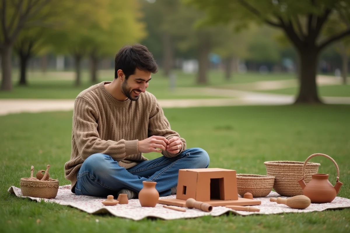 Jeune homme assemblant une maison en argile dans un parc