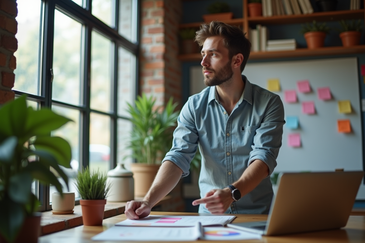 Jeune homme en brainstorming dans un espace créatif