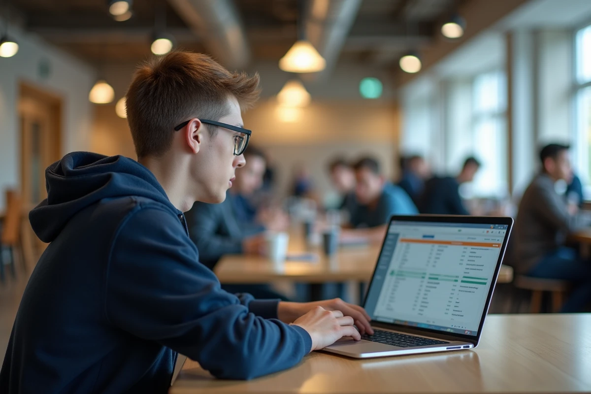 Jeune homme au café avec ordinateur et fiche