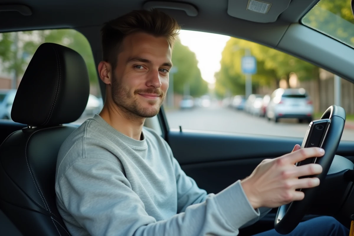 Jeune homme consultant son CPF sur smartphone pour financer son permis de conduire depuis sa voiture