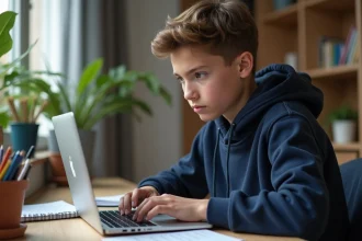 Jeune garçon concentré sur son ordinateur pour l'examen Syclade