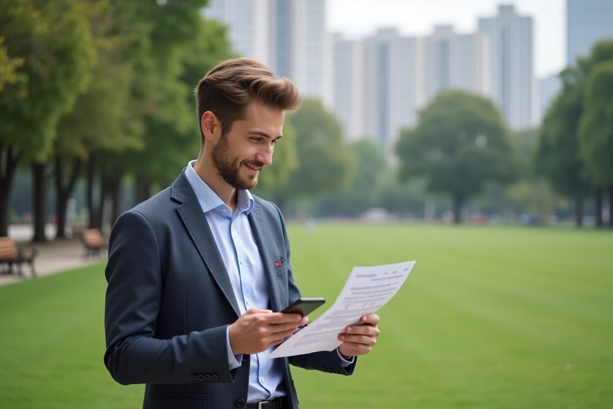 Jeune homme dans un parc regardant un rapport de carrière