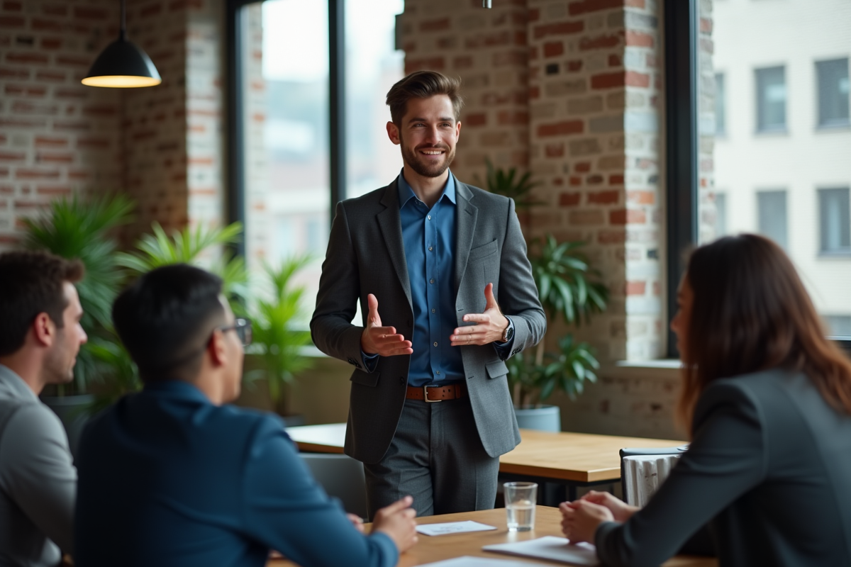 Jeune homme en costume donnant un pitch dans un espace de coworking