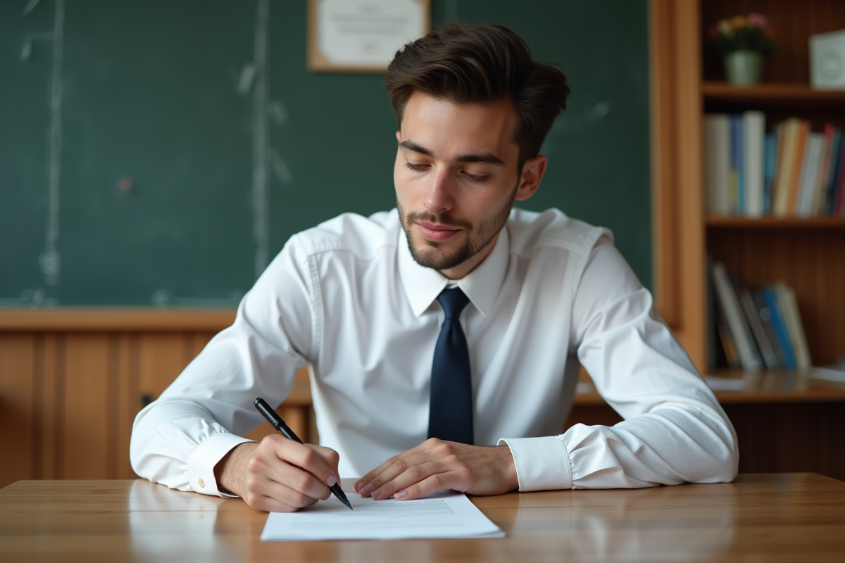 Jeune homme signant un document dans une salle de classe