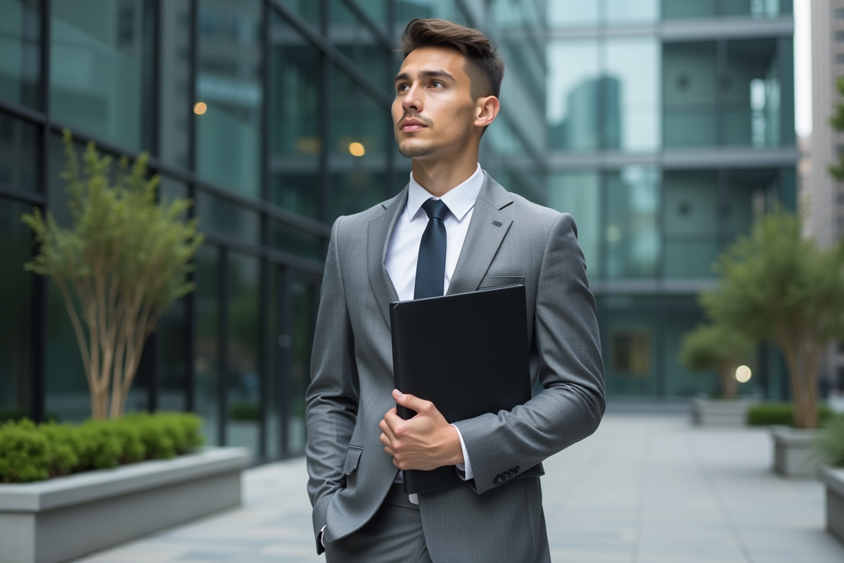 Jeune homme en costume dans un environnement urbain professionnel