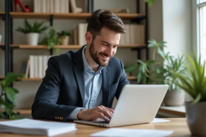 Jeune homme professionnel travaillant sur un ordinateur dans un bureau lumineux