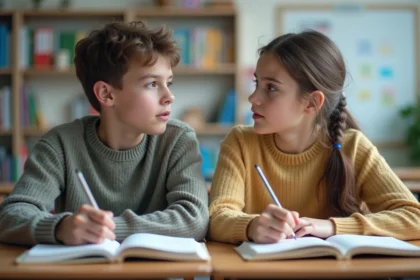 Deux lycéens discutent en classe dans un environnement moderne