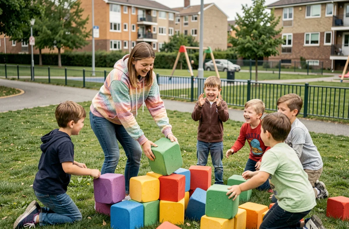 Animatrice en alternance dirigeant une activité éducative en plein air avec des enfants dans le cadre des Francas