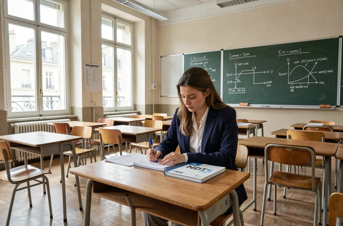 Lycéenne en alternance BTS NDRC prenant des notes dans une salle de cours du Lycée Émile Dubois à Paris