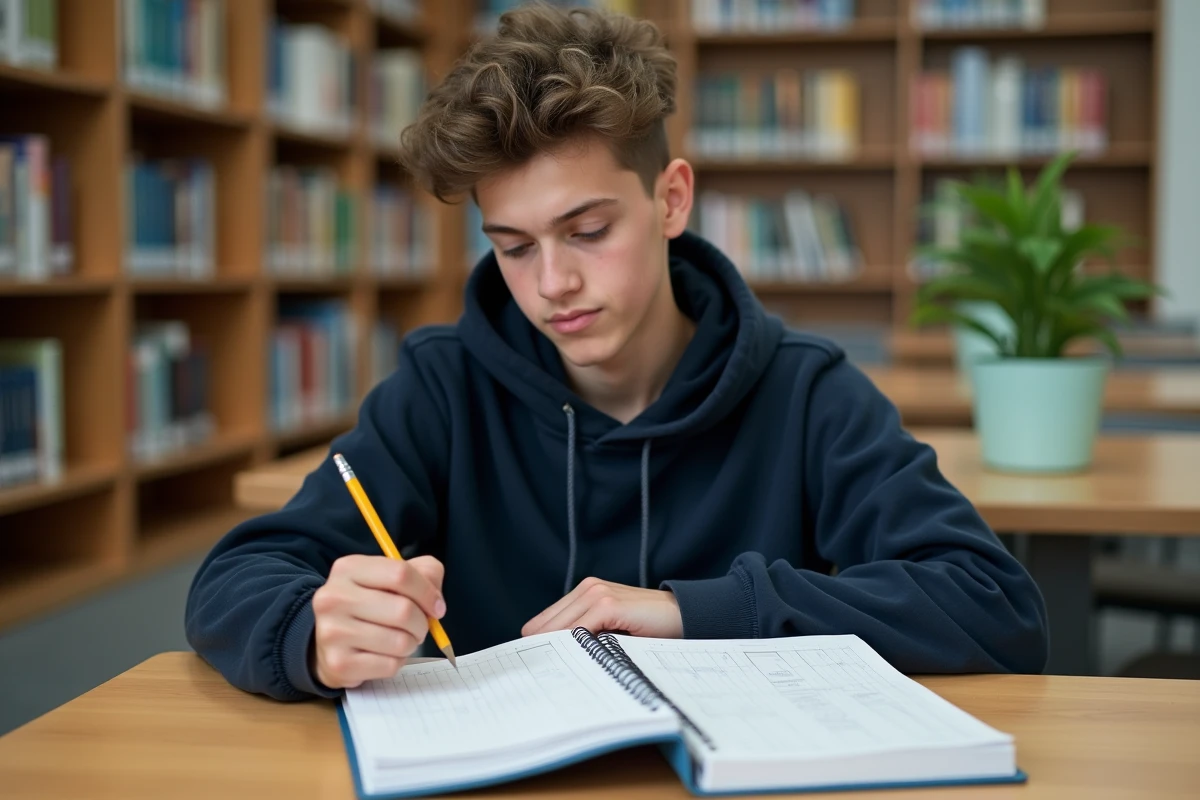 Lycéen comparant deux cahiers de grammaire espagnole avec un tableau de conjugaison manuscrit en bibliothèque