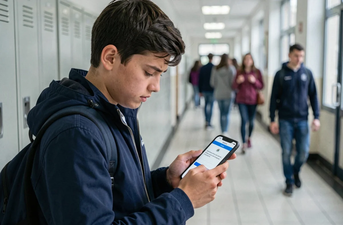 Lycéen tentant de se connecter à Arena Académie Montpellier sur smartphone dans un couloir d'établissement scolaire