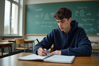 Lycéen écrivant les formules sin a cos b dans un cahier en classe de mathématiques