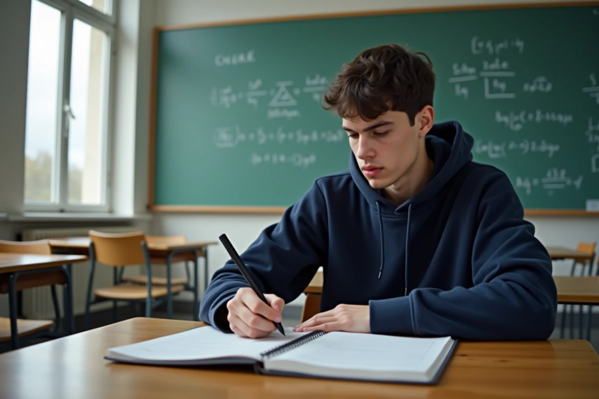 Lycéen écrivant les formules sin a cos b dans un cahier en classe de mathématiques