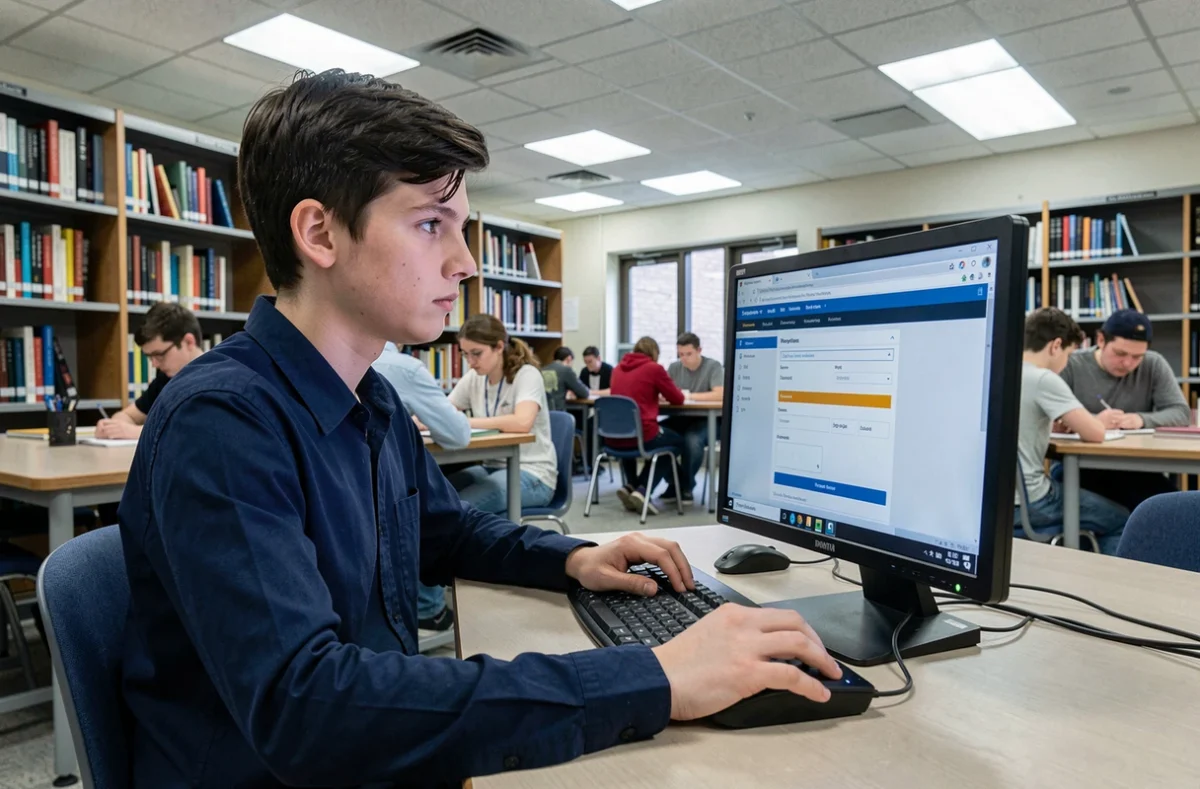 Lycéen naviguant sur la plateforme d'examen Cyclades dans une bibliothèque scolaire