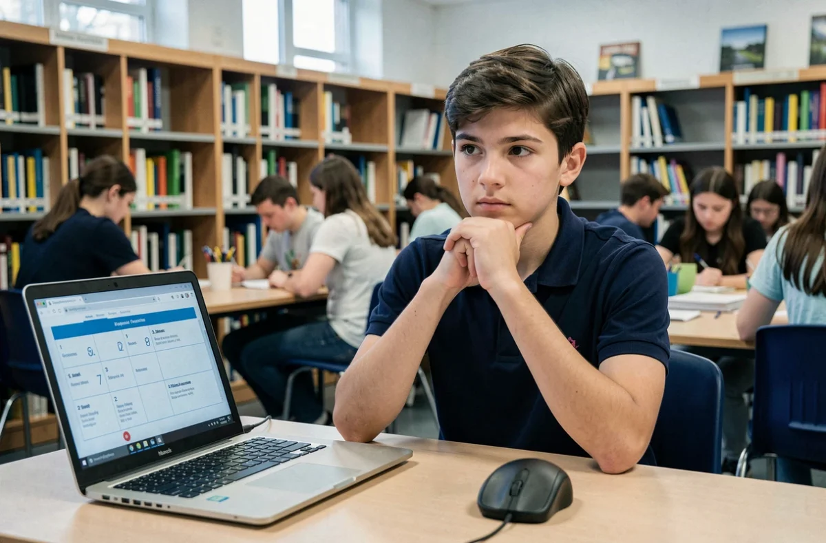 Lycéen concentré passant un test de QI en ligne dans une bibliothèque scolaire