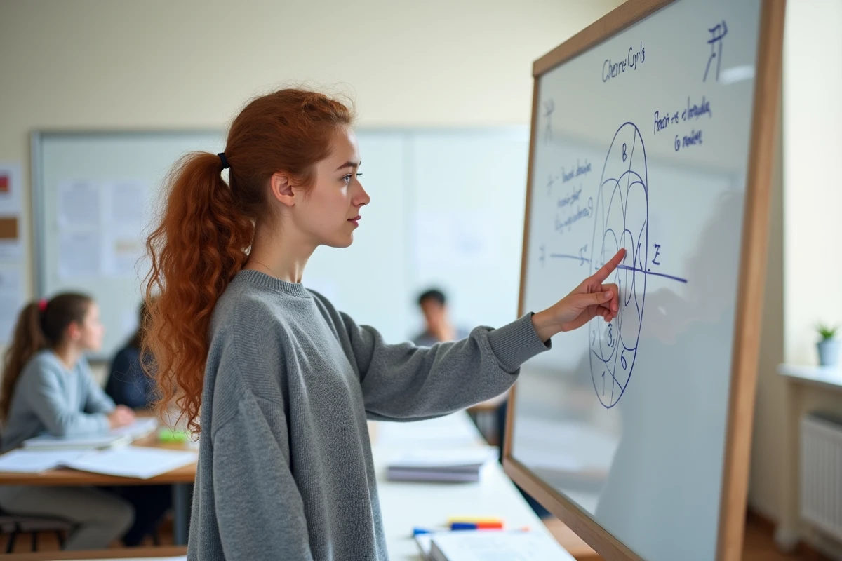 Lycéenne expliquant la formule trigonométrique sin a cos b devant un tableau blanc