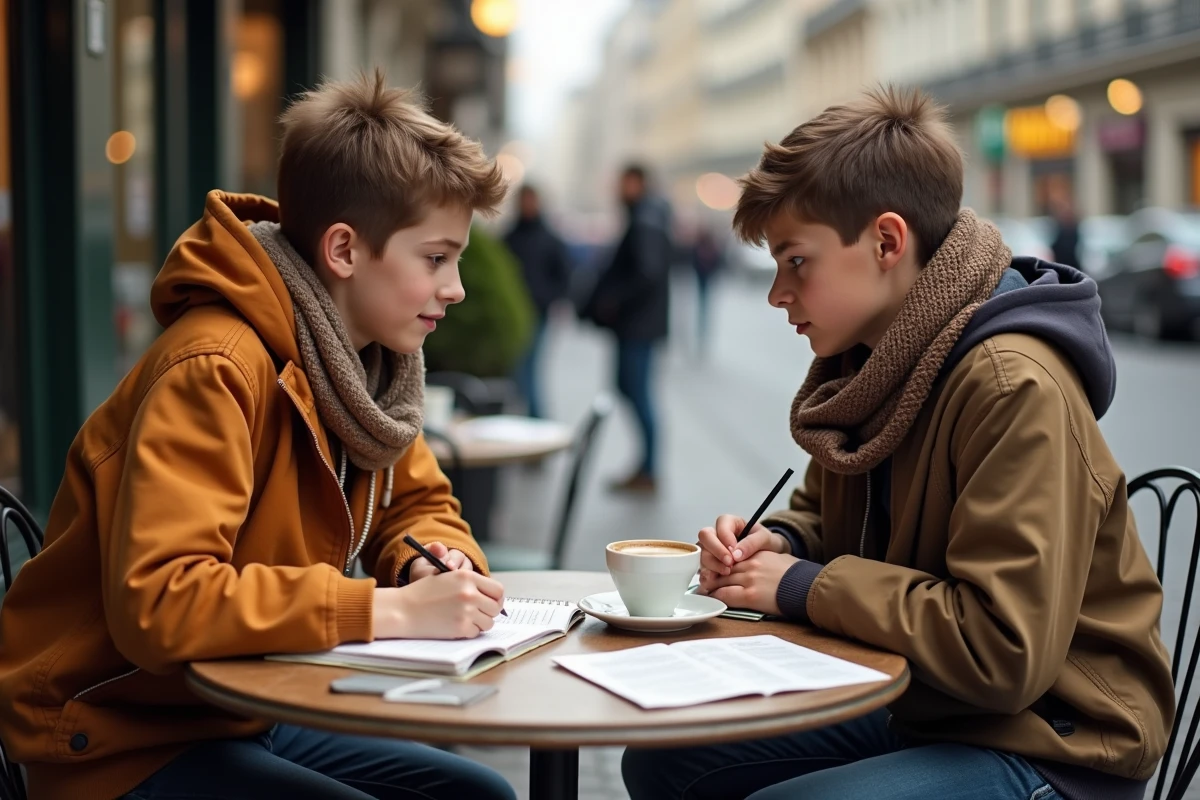 Deux lycéens révisant les figures de style pour le bac de français autour d'un café en terrasse