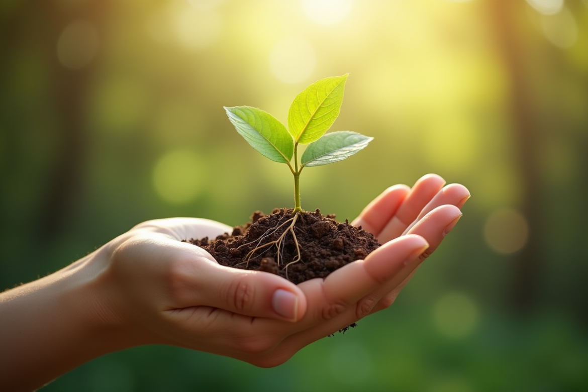 Main tenant une petite plante avec racines exposées
