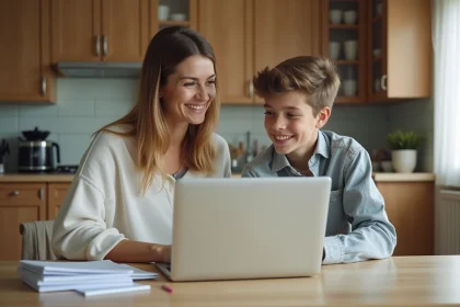 Mère et fille souriantes utilisant un ordinateur à la cuisine