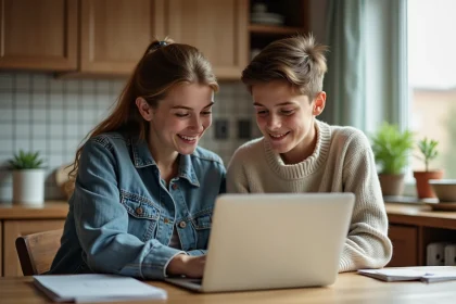Mère et fils adolescents discutant devant un ordinateur dans la cuisine