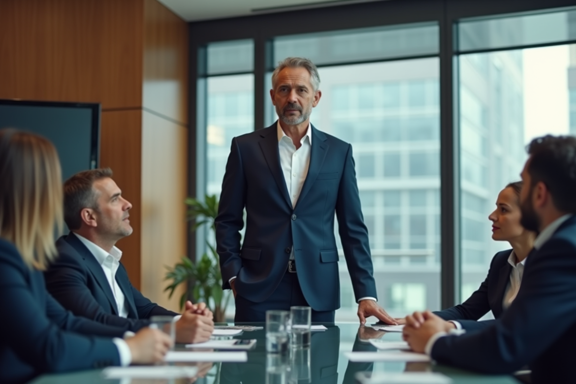 Manager d'affaires en costume dans une salle de réunion moderne