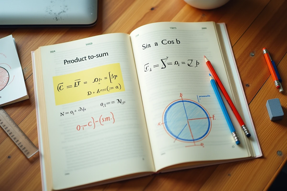 Manuel scolaire ouvert sur la formule sin a cos b avec notes manuscrites et matériel de mathématiques