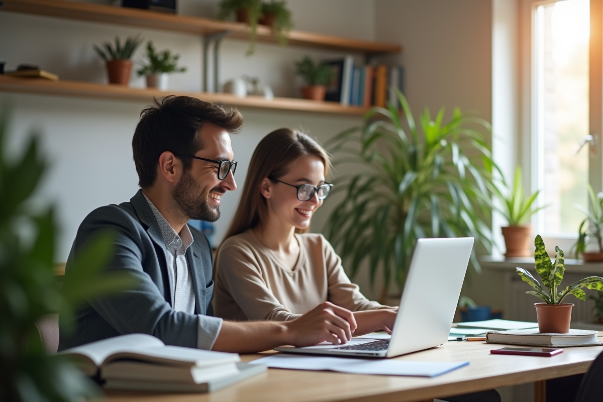 Manager mentorant un jeune employé dans un espace de travail lumineux