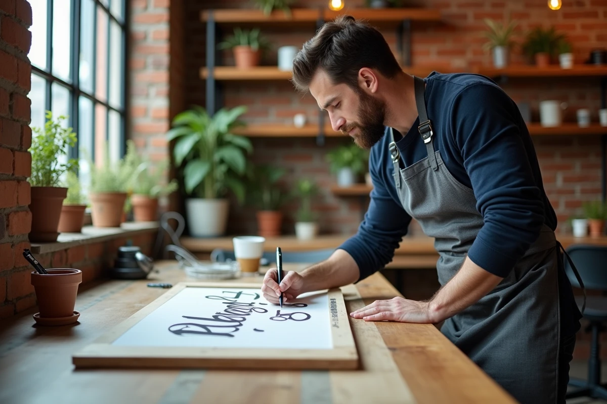 Homme artisan calligraphe travaillant sur une enseigne manuscrite dans un studio créatif avec murs en briques apparentes
