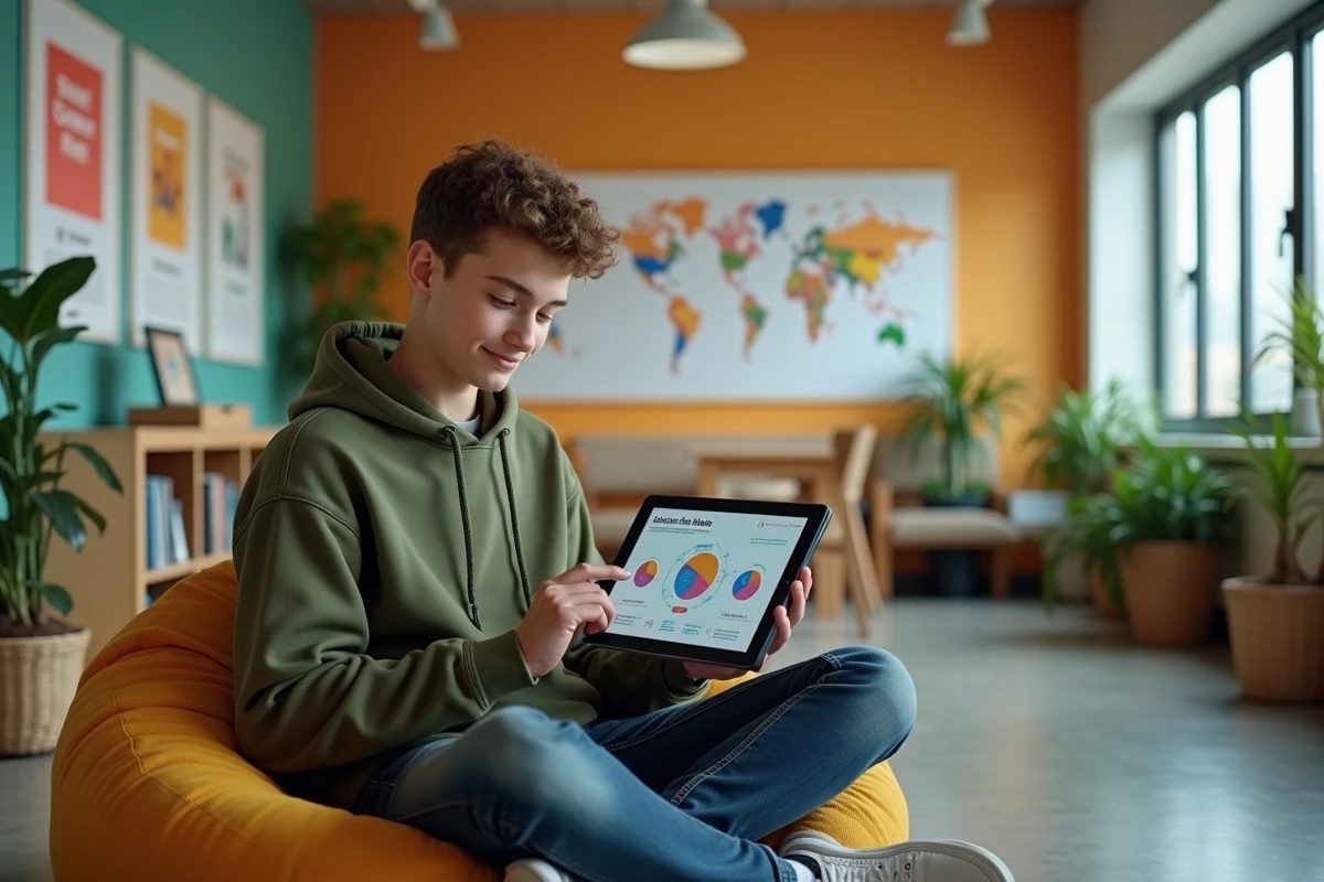 Adolescent consultant des informations sur les métiers en Z sur une tablette interactive dans un centre d'orientation professionnelle moderne