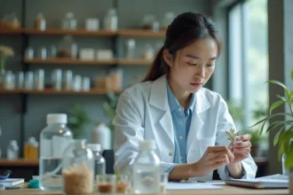 Jeune femme scientifique en blouse blanche examinant un spécimen botanique dans un laboratoire de recherche moderne