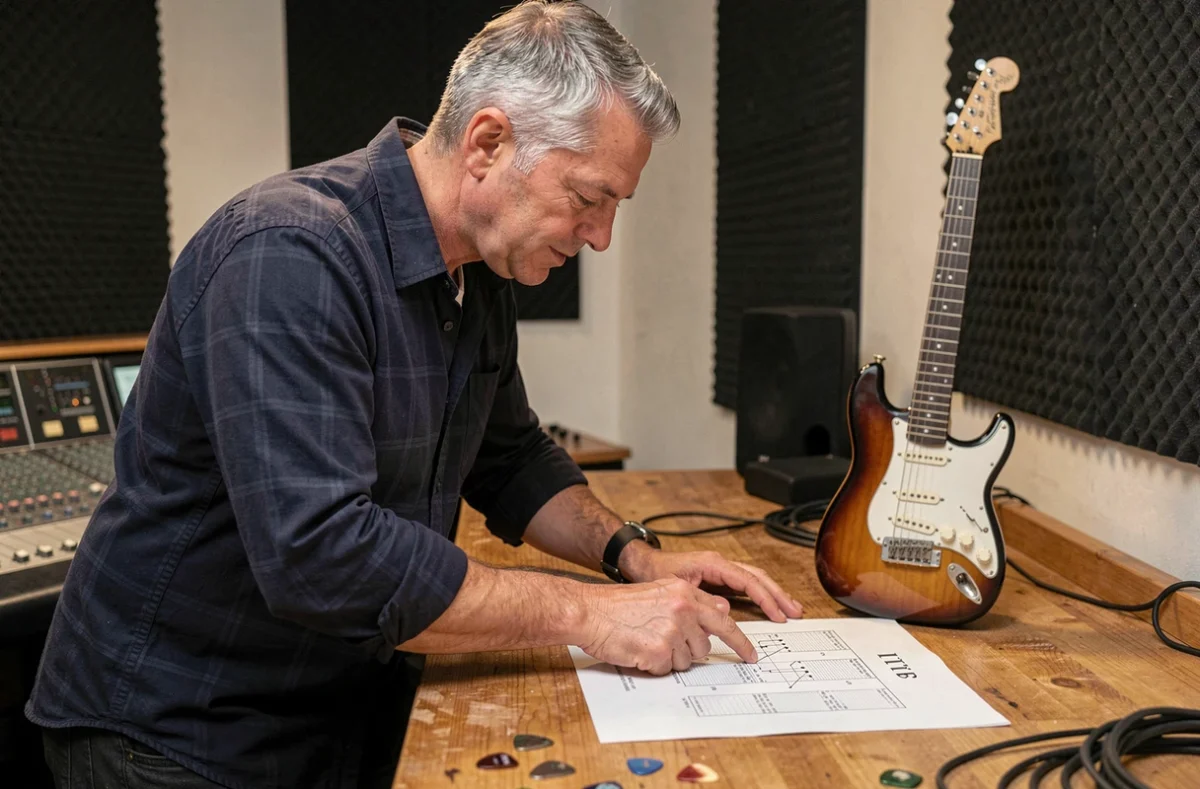 Musicien expérimenté étudiant une tablature imprimée de Let It Be dans un studio d'enregistrement