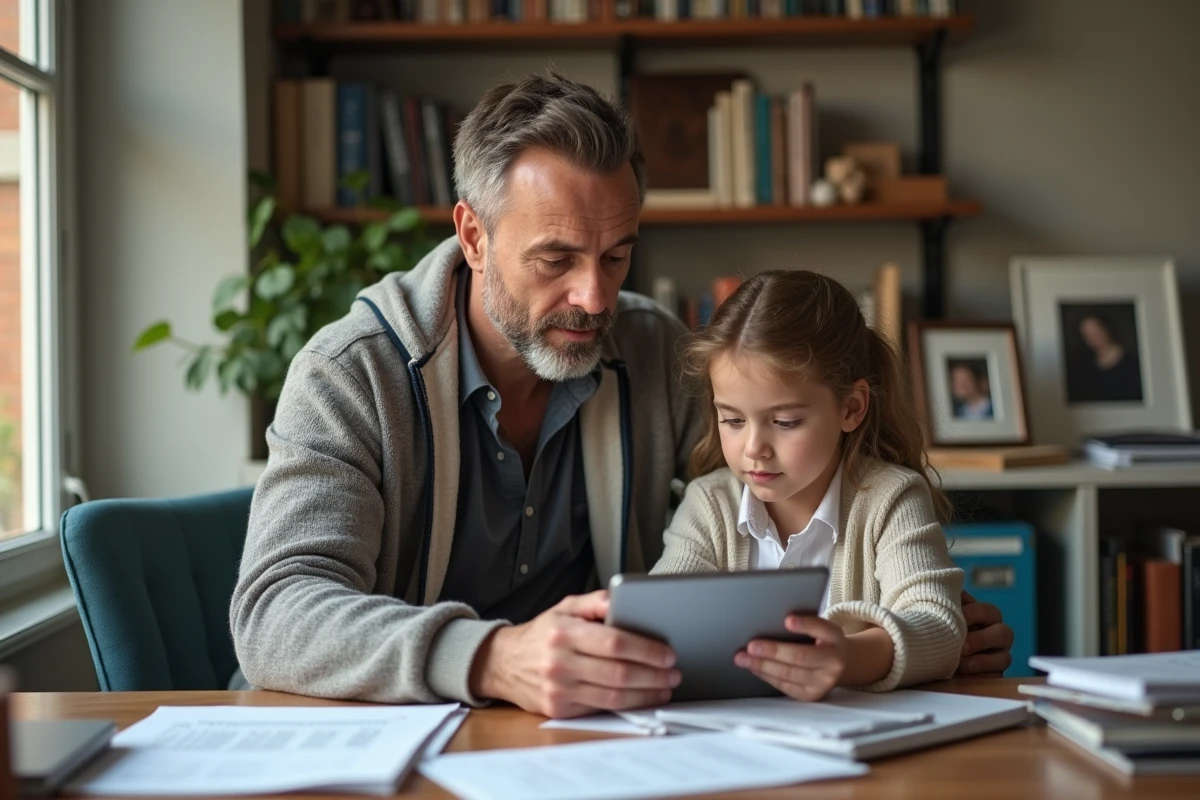 Père et fille examinant des documents dans un bureau à la maison