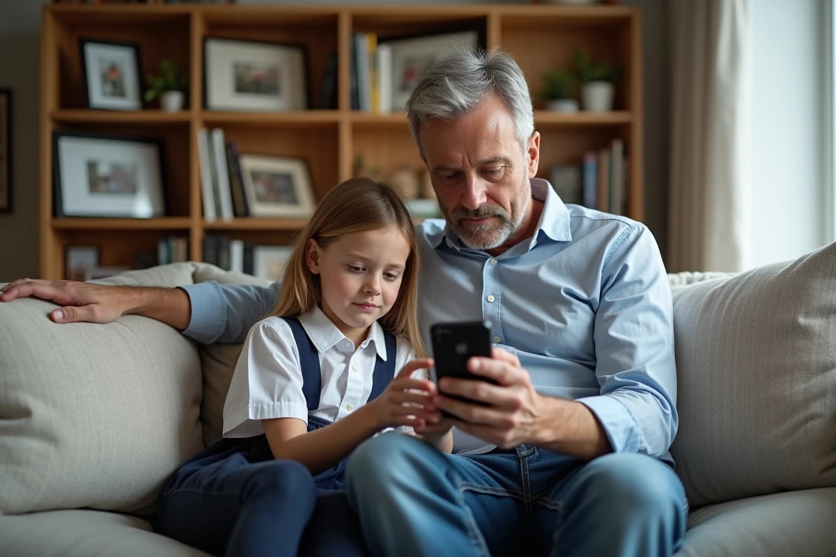 Père et fille regardant un smartphone dans le salon familial