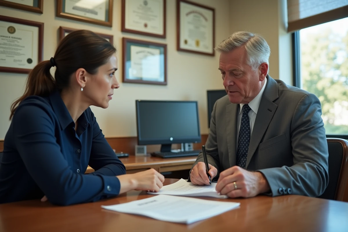 Mère de famille et coordinateur ULIS lisant ensemble le projet personnalisé de scolarisation PPS dans un bureau de direction scolaire