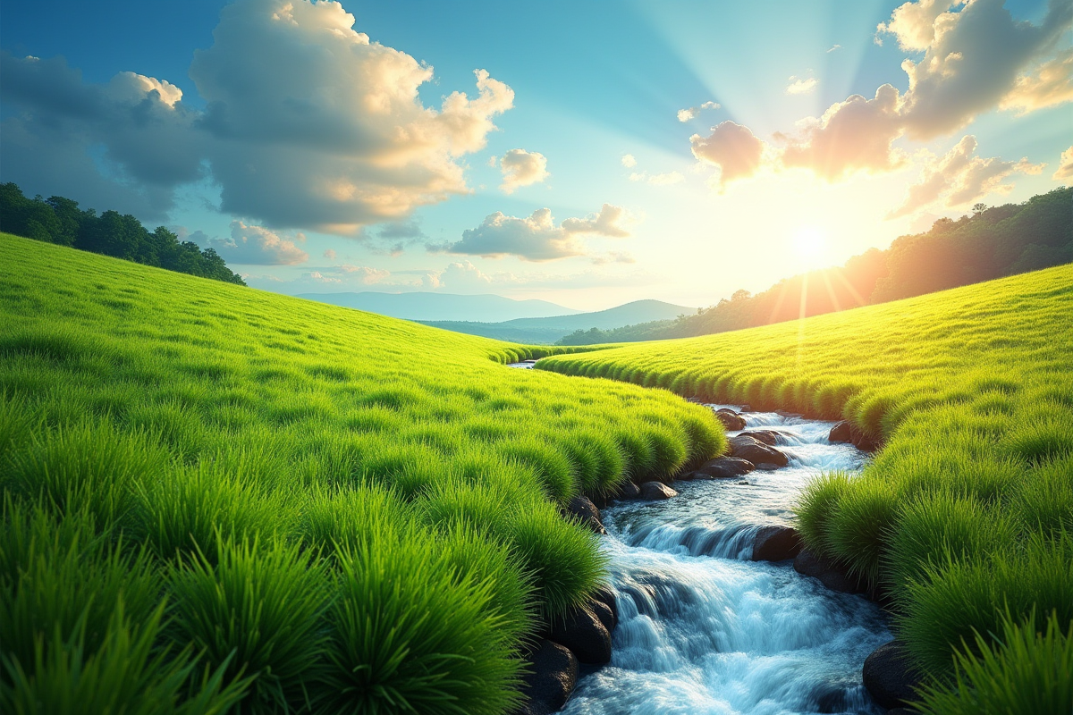 Paysage naturel avec herbe eau ciel et soleil