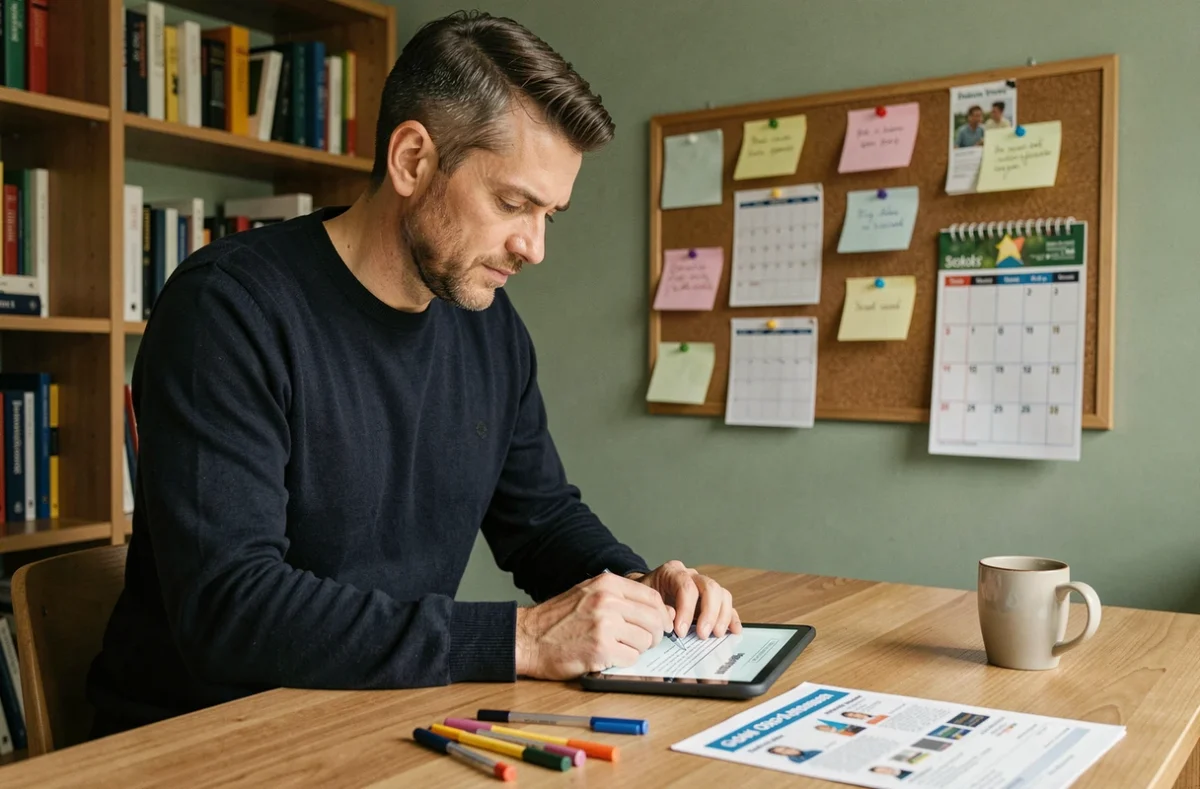 Père organisant les démarches administratives pour la rentrée scolaire en remplissant le formulaire de classe sur une tablette