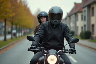 Jeune couple sur une moto A2 en duo sur une route suburbaine, équipés de casques et vestes de protection homologuées