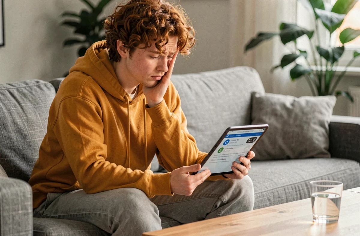 Personne stressée répondant à un quiz de QI chronométré sur une tablette dans son salon
