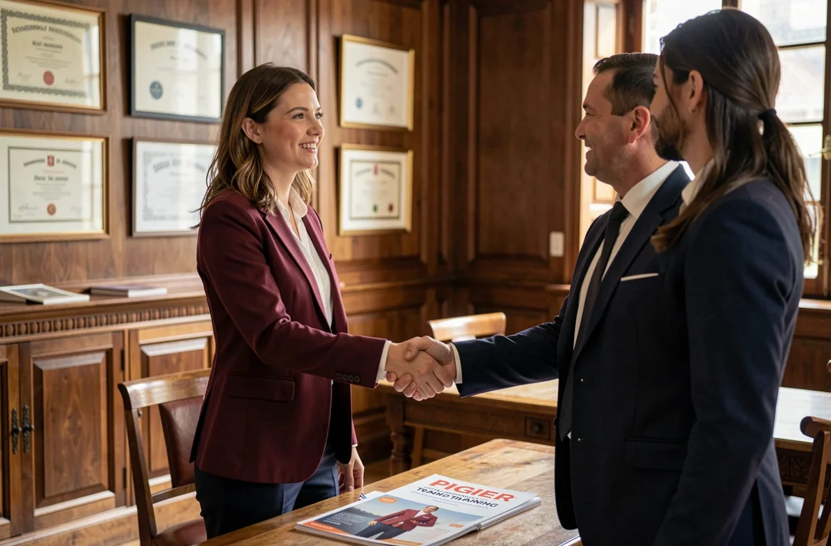 Étudiante signant un contrat d'alternance dans les locaux historiques de Pigier Paris