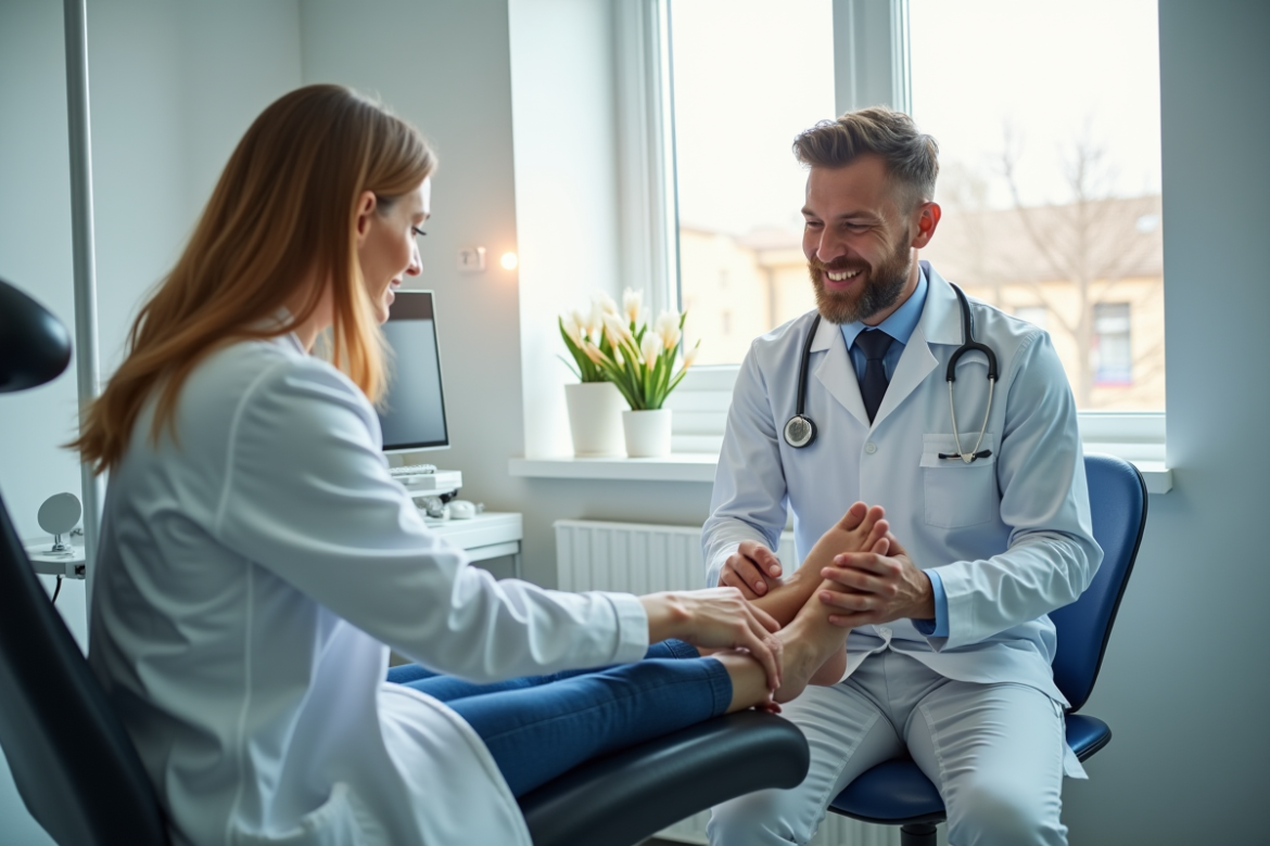 Podologue examinant un pied dans un cabinet lumineux
