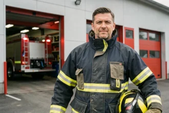 Pompier professionnel en tenue complète devant une caserne de pompiers moderne, illustrant l'évolution de grade dans la carrière de pompier