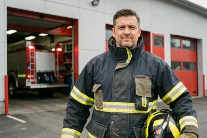 Pompier professionnel en tenue complète devant une caserne de pompiers moderne, illustrant l'évolution de grade dans la carrière de pompier