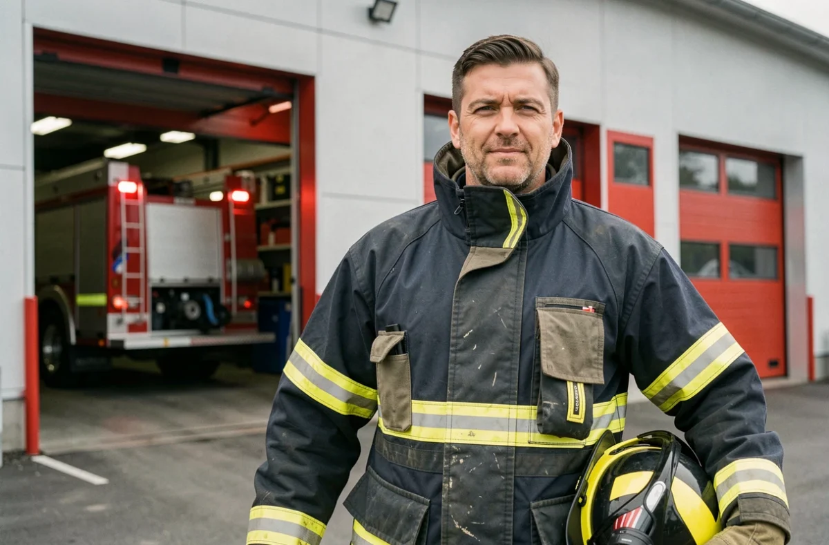 Pompier professionnel en tenue complète devant une caserne de pompiers moderne, illustrant l'évolution de grade dans la carrière de pompier