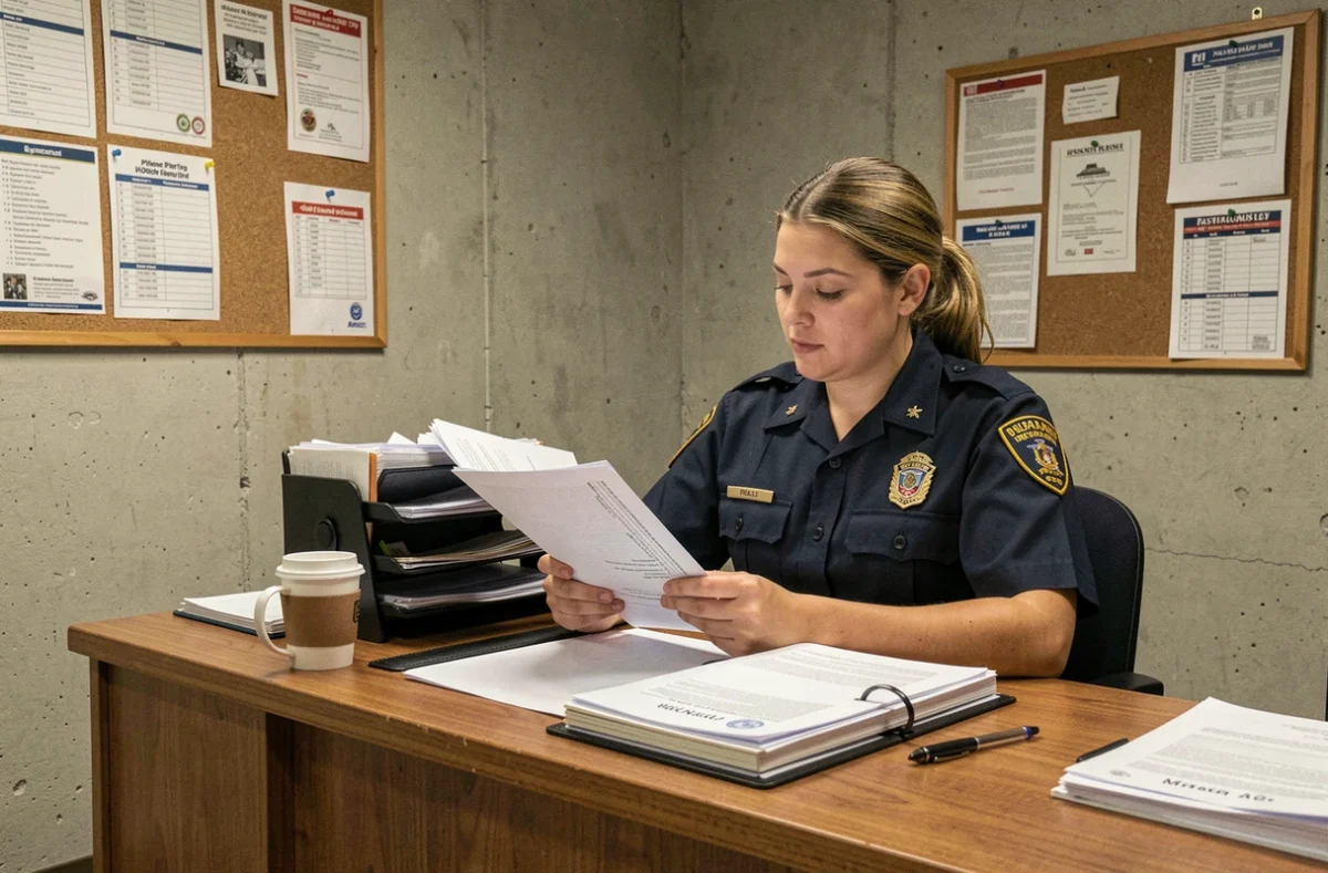 Pompière en uniforme étudiant des documents de certification pour progresser en grade au sein des sapeurs-pompiers professionnels