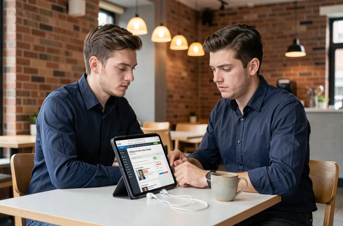 Homme préparant le TOEIC sur une tablette dans un café urbain moderne avec ressources d'entraînement en ligne